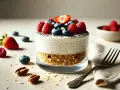 Ein Glas mit einem Schichtdessert, das wie ein **high protein cheesecake** aussieht, garniert mit Beeren und Nüssen.