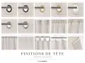 Mise en avant de divers plis flamands pour rideaux : œillets, ruflettes, pattes et nouettes.