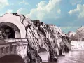 Le Pont Neuf, une œuvre d'art surréaliste, se dresse au-dessus de la Seine, ses arches rocheuses défiant la gravité sous un ciel bleu pointillé.