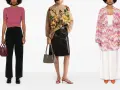 Moda anni '50: cardigan rosa, maglione floreale con gonna in pelle, abito a fantasia zig-zag.