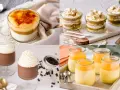 Collage de 4 postres en vasito: crema quemada, capas de galleta y dulce de leche, chocolate con crema y postre de mango.