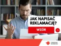 Zmarszczony mężczyzna z dokumentem w ręku, tekst "JAK NAPISAĆ REKLAMACJĘ? WZÓR". Kruk reklamacja.