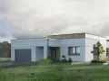 Nowoczesny dom z płaskim dachem, z garażem i tarasem, otoczony zielenią. Taki dom z płaskim dachem tanszy niż tradycyjny.