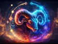 Baran, 20 kwietnia znak zodiaku, w neonowych barwach na tle kosmicznego nieba.