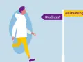 Person steht vor Wegweiser: "Studium?" links, "Ausbildung!" rechts. Entscheidung zwischen Ausbildung vs Studium.