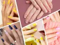 Un collage di mani con unghie colorate: giallo vivace, blu glitterato, rosa pastello e french manicure con decorazioni floreali.