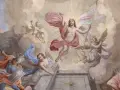 Auferstehung Christi, der Grund für Ostern. Engel und Soldaten sind Zeugen des glorreichen Aufstiegs.