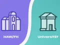 Grafik zeigt Gebäude für HAW/FH und Universität. Der Unterschied zwischen Hochschule und Uni wird visuell dargestellt.