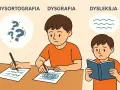 Chłopiec zmagający się z pisaniem, jego notatki są nieczytelne. Obok niego inny chłopiec ma trudności z czytaniem. Ilustracja pokazuje problemy z pisaniem i czytaniem, sugerując dysgrafię i dysleksję.