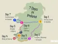 A 7-day Ireland itinerary map showing a route from Dublin, through Cashel, Cork, Kerry, Dingle, Galway, and Connemara.