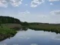 Spokojne jezioro Łańskie odbija błękitne niebo z chmurami. Brzegi porośnięte trawą i trzcinami, w oddali las.