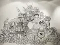 En detaljerad doodle svenska med många fantasifulla figurer och mönster.
