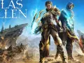 Dos guerreros, uno con armadura dorada y otro encapuchado, se alzan en un paisaje árido y montañoso. El título "Atlas Fallen" flota en el cielo azul.