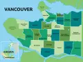 Mapa pokazuje gdzie leży Vancouver w Kanadzie, z podziałem na dzielnice: Downtown, Kitsilano, Stanley Park i inne.