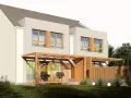 Nowoczesne projekty domów jednorodzinnych dwulokalowych z tarasami i wiszącymi fotelami.