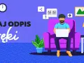 Mężczyzna siedzi w fotelu z laptopem, obok ikony ślubu. Tekst "Uzyskaj odpis" sugeruje, że można tu uzyskać akt małżeństwa.