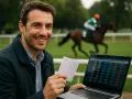Homme souriant avec un ticket de pari et un ordinateur portable, regardant les cotes cheval en arrière-plan d'une course.