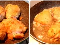 Cosce di pollo dorate in padella, pronte per essere cotte nel liquido per un saporito pollo alla birra.