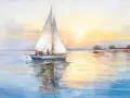 Aquarelle d'un bateau à voile au coucher du soleil. Une scène paisible, facile à reproduire pour les amateurs d'aquarelle.