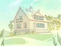Un dibujo de una casa con balcón, rodeada de árboles y vegetación, bajo un cielo claro.