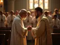 Dwóch kapłanów w szatach liturgicznych trzyma się za ręce w kościele, w tle inni duchowni.