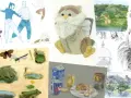 Un livre de dessin présente des aquarelles de danseurs, de grenouilles, d'un hibou en peluche, d'un paysage, d'une maison dans un arbre, d'une palme, d'une coupole et de la tour de Pise.