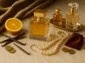 Eleganckie perfumy chic, z nutami wanilii i cytrusów, otoczone perłami i złotymi monetami.