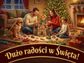 Rodzina buduje zamek z klocków przy choince, piesek patrzy. Wesołych Świąt!