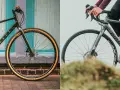Left: a dark green commuter bike with tan tires. Right: a grey hybrid bike with a rider, ready for adventure.