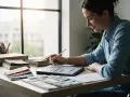 Une designer utilise une tablette pour apprendre comment dessiner une chaise facile. Elle est entourée d'échantillons de tissus et de crayons.