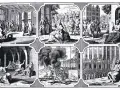 A series of engravings depicting historical punishments, possibly related to what is sodomy, showing trials, executions, and public shaming.
