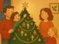 Familjen pyntar granen på julafton. En pojke sätter stjärnan i toppen, pappa hjälper till. Fakta om julafton: en tid för gemenskap.