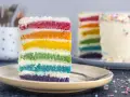 Ein Stück Regenbogen Kuchen mit bunten Schichten und Streuseln auf einem Teller.