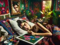 Frida Kahlo, dans son atelier coloré, peint son premier autoportrait, entourée de plantes et de textiles vibrants.