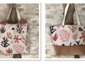 Tuto couture sac velours : deux sacs cabas en tissu imprimé abstrait, avec une bande de velours côtelé marron.