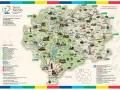 Mapa pokazuje gdzie są Kaszuby, z zaznaczonymi szlakami rowerowymi, kajakowymi i pieszymi.