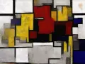 Abstrakcja w stylu Piet Mondrian: geometryczne bloki czerwieni, żółci, błękitu i bieli, połączone czarnymi liniami.