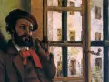 Peinture réaliste d'un homme à la barbe noire, portant un béret et une écharpe rouge, regardant par une fenêtre.