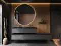 Élégante salle de bain style japonais avec double vasque, miroir rond lumineux et boiseries chaleureuses.