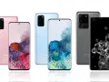 Różowy Samsung S20 i inne modele w różnych kolorach, prezentujące swoje ekrany z kolorowymi tapetami.
