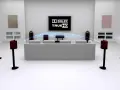 Nowoczesny salon z systemem kina domowego, gdzie fale dźwiękowe symbolizują jakość **Dolby TrueHD**.