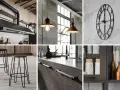 Cucina con cappa in metallo, lampade a sospensione, orologio da parete e sgabelli. Stile industrial chic moderno.