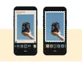 Deux écrans de smartphone montrant comment ajouter une bordure à une photo. L'un avec un cadre vintage, l'autre avec un cadre de timbre-poste.