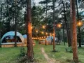 Domek w lesie, idealny na camping w Warszawie. Girlanda świateł tworzy magiczny klimat.