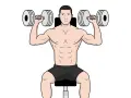 Homme musclé travaillant ses épaules avec des haltères. Il est assis, concentré sur son entraînement pour muscler ses épaules.