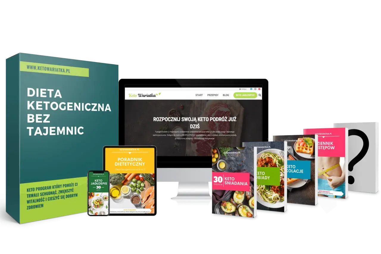 Keto dieta co to? Zobacz materiały promocyjne: "Dieta Ketogeniczna Bez Tajemnic", "Keto Jadłospis", "Poradnik Dietetyczny", "30 Keto Śniadań", "Keto Obiady", "Keto Kolacje", "Dziennik Kroków".