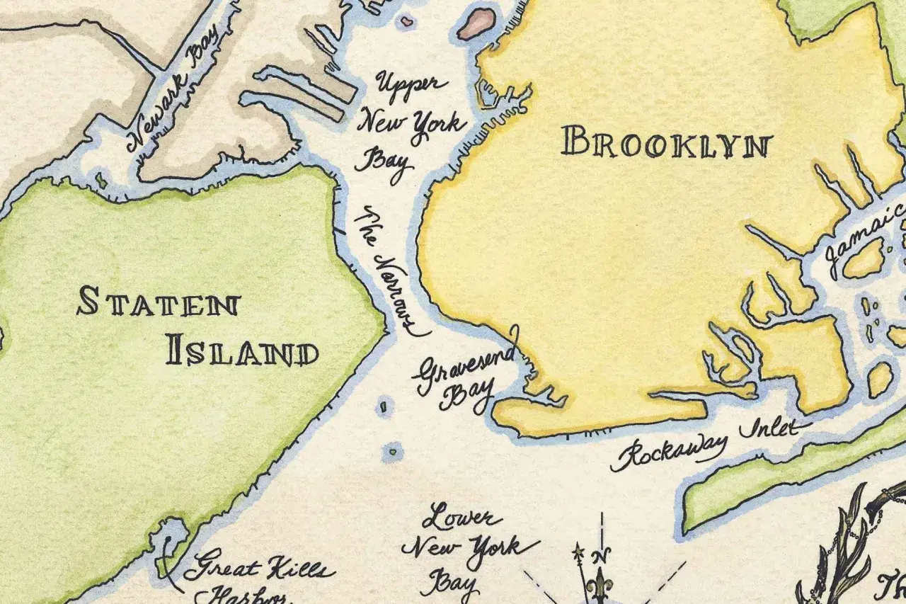 Mapa pokazuje, gdzie jest Nowy Jork: Staten Island, Brooklyn, Newark Bay i Upper New York Bay.