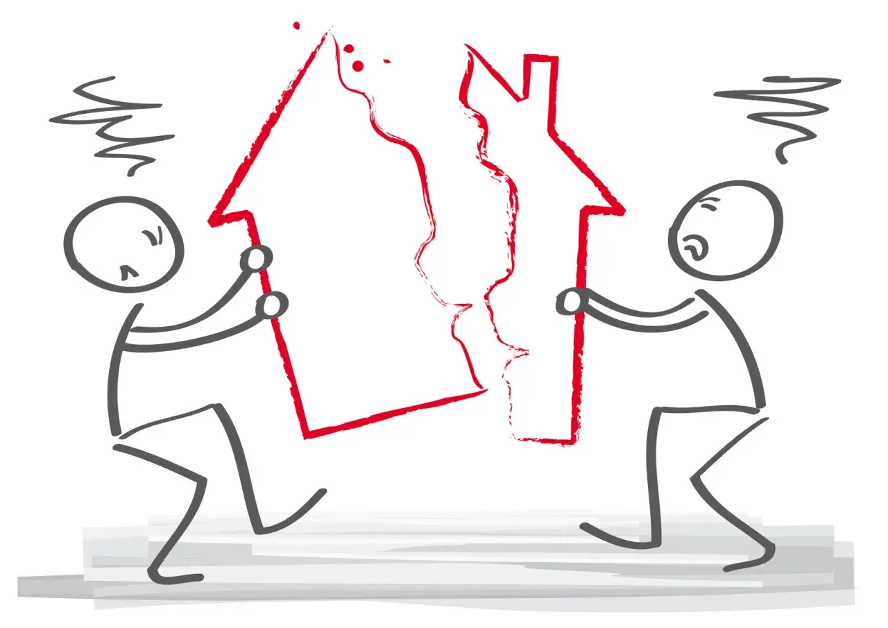 Deux personnages tentent de séparer une maison rouge, symbolisant les inconvénients d'une communauté universelle divisée.