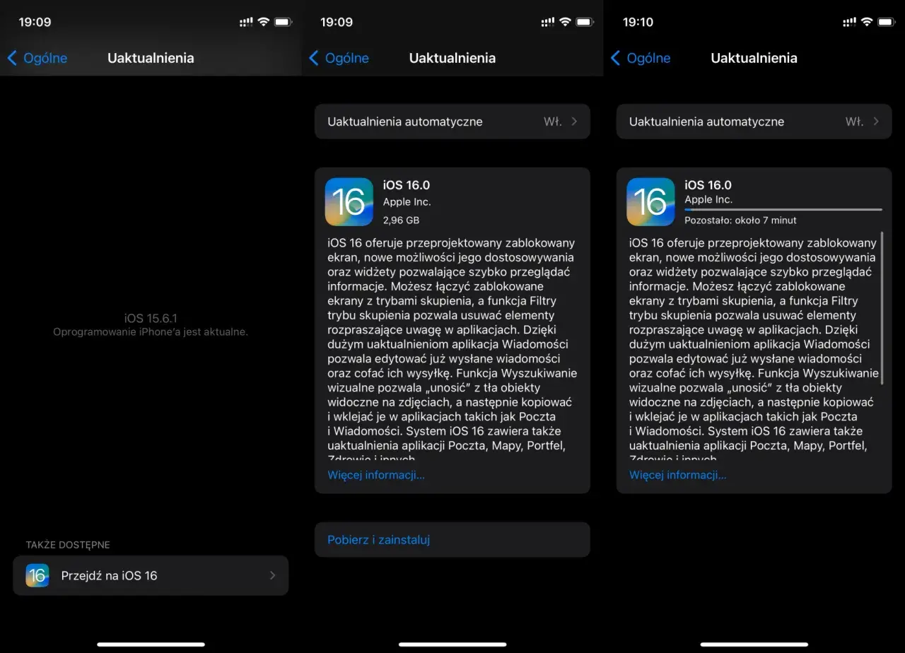Ekran aktualizacji iPhone'a z informacją o dostępności iOS 16, który oferuje przeprojektowany ekran blokady i nowe funkcje.