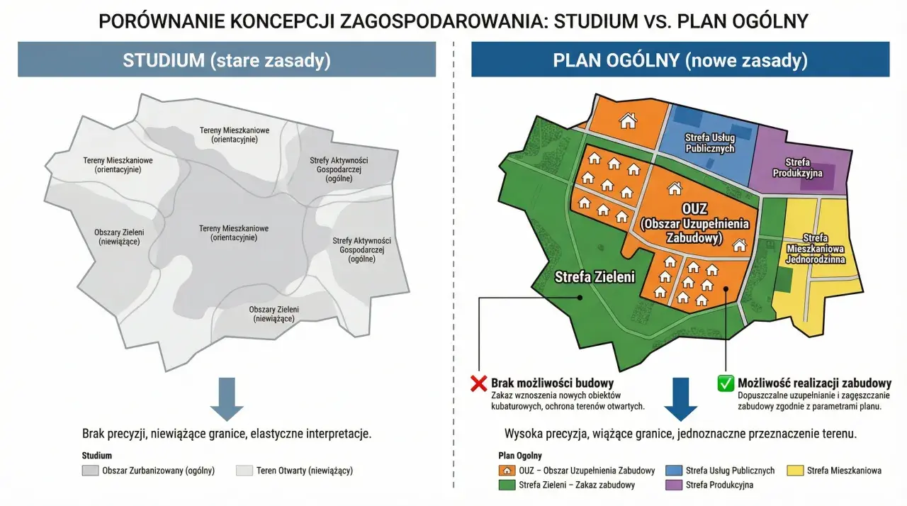 Porównanie studium (stare zasady) i planu ogólnego (nowe zasady). Brak planu ogólnego w Twojej gminie zamrozi budowę domu na lata.